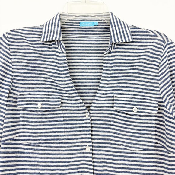 J. McLaughlin Brynn Striped Linen Shirt Size S White Denim Button Up 3/4 Sleeve - Picture 4 of 8